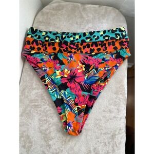 Neon Tropical Floral Leopard High Waisted Cheeky Bikini Bottoms Multicolor L